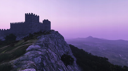 Fantasy mountain castle at sunset with pink and purple sky, medieval stone fortress on a cliff overlooking valley, dreamy landscape illustration ideal for game design, book cover, digital wallpaper