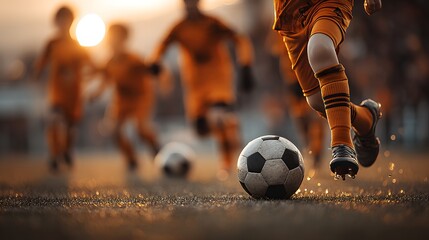 A group of young boys in orange uniforms are playing soccer on a field du sunset, with one boy kicking the ball close to the camera lens on the ground.