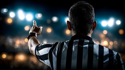 From behind a referee indicates direction with his finger du a sports event in a stadium filled with bright lights on a dark night atmosphere right now.