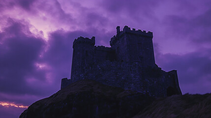 Fototapeta premium Fantasy mountain castle at sunset with pink and purple sky, medieval stone fortress on a cliff overlooking valley, dreamy landscape illustration ideal for game design, book cover, digital wallpaper