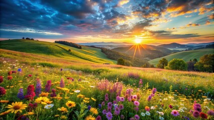 Serene Sunset Over Rolling Hills and Vibrant Wildflower Meadow