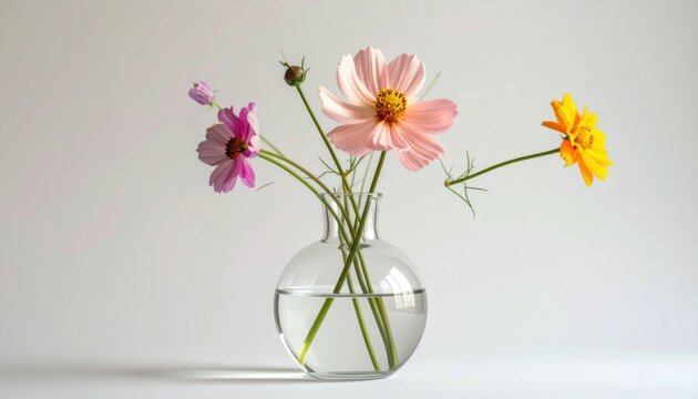 Cosmos flowers in a round glass vase, pink, magenta, and yellow blooms. Clear water fills the vessel