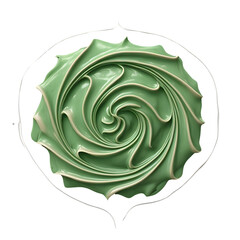 A beautifully swirled green frosting design resembling a succulent encircled by a delicate white outline
