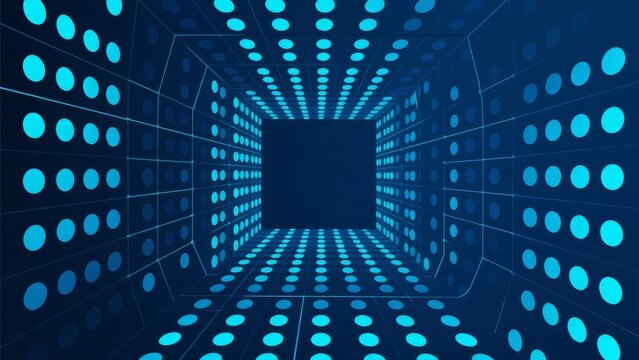 A digital tunnel with blue lights and geometric patterns
