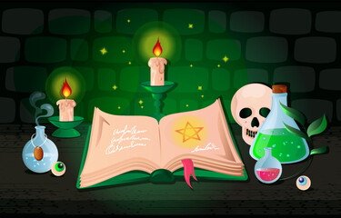 The wizard's room. A table with a book of spells and magical items in a cartoon style. Vector