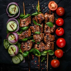 Grilled meat with vegetables on skewers on a black background. Top view.