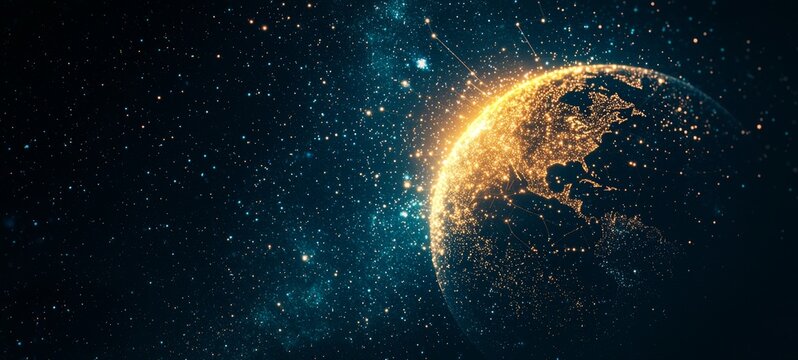 Futuristic glowing Earth with interconnected global data streams, dynamic bar charts and line graphs floating in space, cyberpunk neon color scheme, ultra-detailed 8K, cinematic wide-angle view - Powered by Adobe