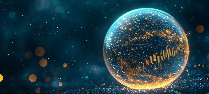 Futuristic glowing Earth with interconnected global data streams, dynamic bar charts and line graphs floating in space, cyberpunk neon color scheme, ultra-detailed 8K, cinematic wide-angle view