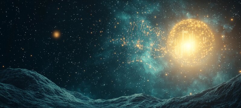 Futuristic glowing Earth with interconnected global data streams, dynamic bar charts and line graphs floating in space, cyberpunk neon color scheme, ultra-detailed 8K, cinematic wide-angle view