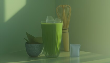 Refreshing Iced Matcha Latte with Japanese Whisk and Sachet in Calm Green Setting