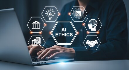AI Ethics and Responsible Artificial Intelligence Governance Concept. Person using laptop with icons for AI ethics, regulations, law, fairness, transparency, data protection, privacy, and practices