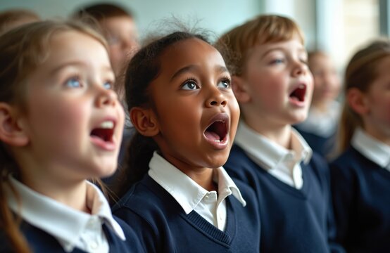 Group elementary school children sing together in choir class. Boys girls in uniform with open mouths sing classic songs. Vocal performance, education, music, learning joy.