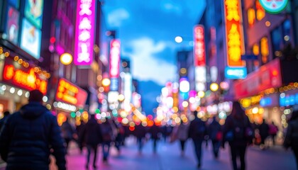 Blurred, bustling street scene at night, awash in colorful neon lights and crowds
