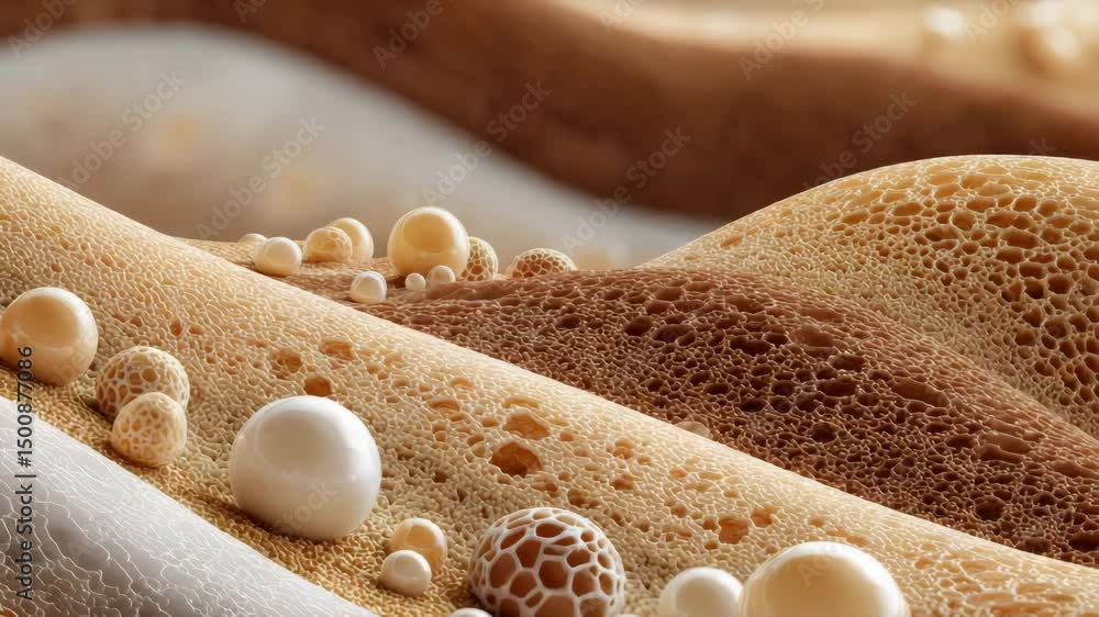 Poster textured surface with calming waves and spheres in shades of brown and cream, creating visually capt