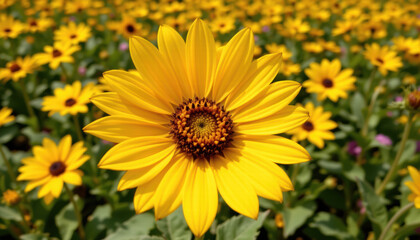 Fototapeta premium Vibrant sunflower stands out in lush field filled with blooming flowers, showcasing its bright yellow petals and intricate center. scene evokes feelings of joy and warmth