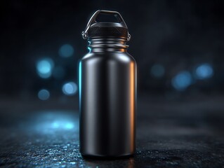 Stylish Black Metal Water Bottle on Dark Background