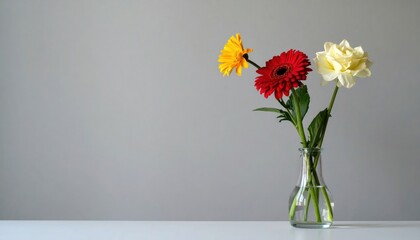 Fototapeta premium Three bright flowers in clear vase on white surface against a gray backdrop
