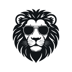 Cool Lion Head Wearing Sunglasses Black and White Vector Illustration