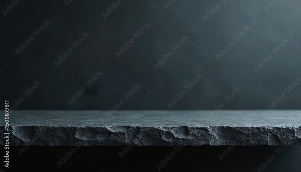 Poster empty black stone table top on dark pale blue background. desk shelf isolated, neutral background fo