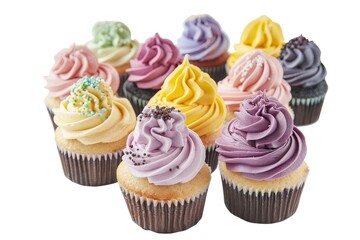 Assorted colorful cupcakes with swirls of frosting.