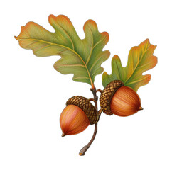 Illustration of Two Acorns with Green Leaves Isolated on White Background