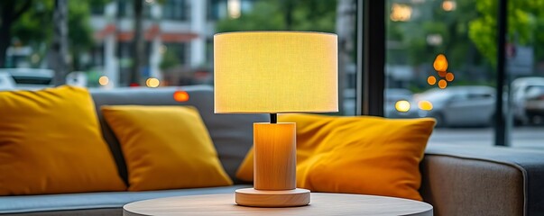 Cozy cafe lamp, yellow pillows, city view