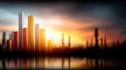 Fototapeta premium Refinery silhouette drive petroleum supply and global forecast concept. An artistic view of modern buildings at sunset with vibrant colors.
