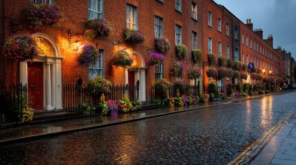 Georgian architecture with flower baskets adorns red brick facades on a wet cobblestone street