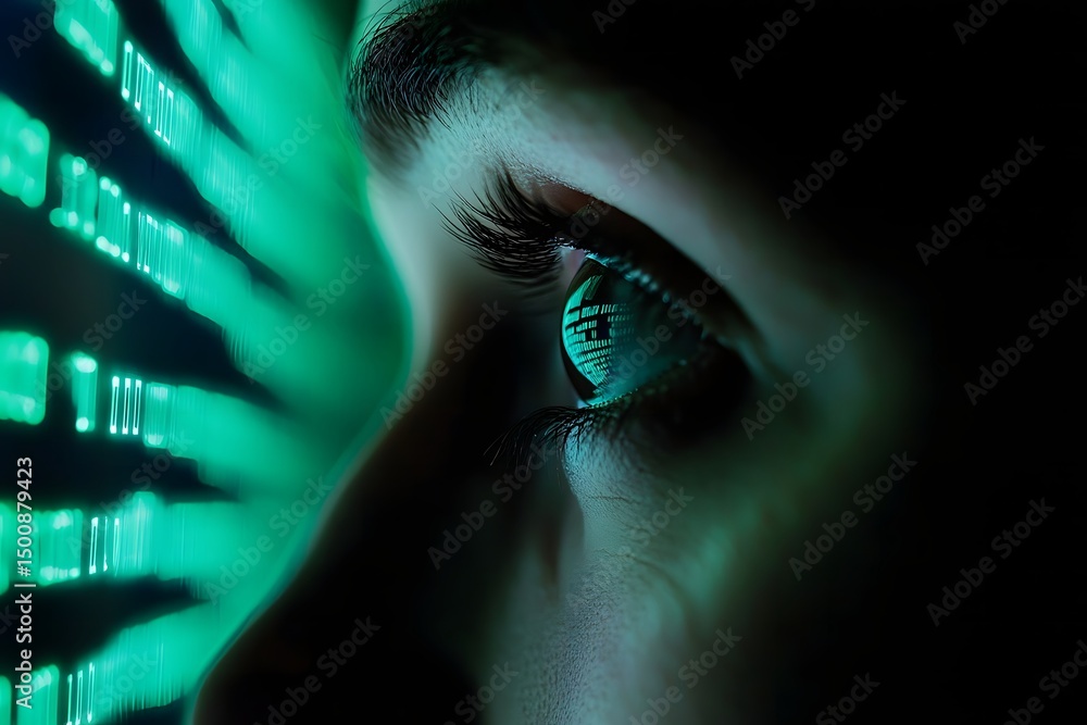 Poster eye reflection with green digital code on a dark background