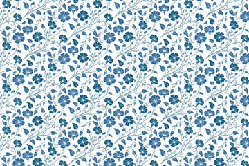 continuous blue cotton flower pattern, single line seamless floral design, textile surface repeat, bedding and packaging use

