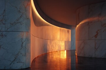 Sunset glow reflected on a curved marble wall, warm architectural minimalism
