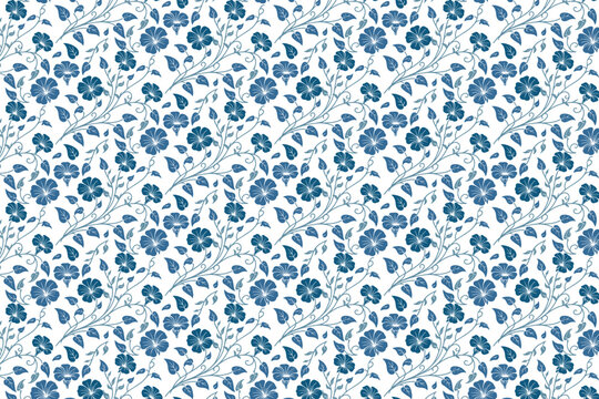 continuous blue cotton flower pattern, single line seamless floral design, textile surface repeat, bedding and packaging use

