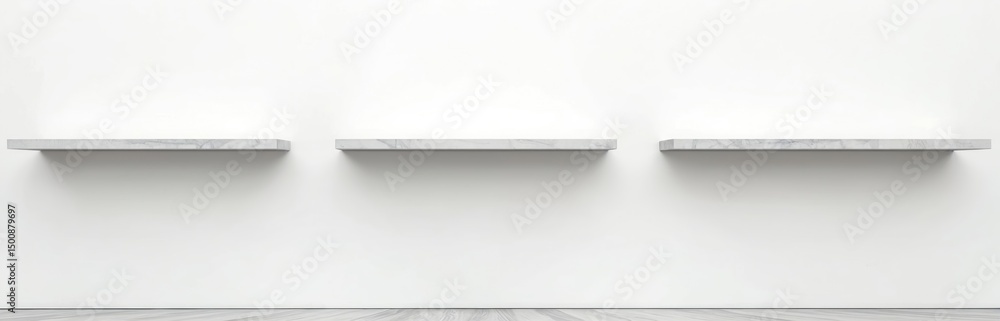 Poster three empty shelves against a white wall. marble texture, minimalist design. perfect for product dis
