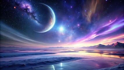 A Serene Extraterrestrial Landscape Featuring a Celestial Body and a Frozen Lake Under a Vibrant Night Sky