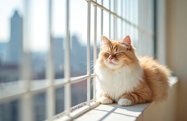 Ginger ragdoll cat relaxing on balcony. Pet enjoys sunny afternoon. Domestic animal rest, sleeps on urban background with city skyline view. Peaceful home life.