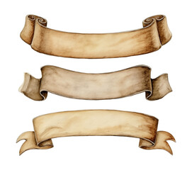 Watercolor Illustration of Three Different Style Blank Parchment Banners on a White Background