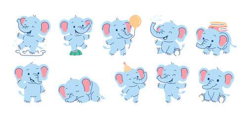 Cute Elephant Character Mascot Jumping, Dancing, Reading, Playing, and Sleeping