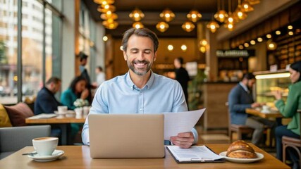 A professional man works on his laptop in a cozy cafe, holding documents, with coffee and pastries on the table.