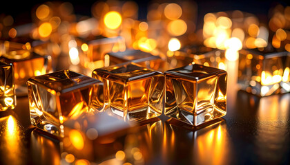 Illuminated Gold Ice Cubes on Dark Reflective Surface