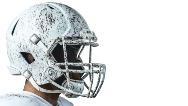 Close-up of a dirty, white football helmet