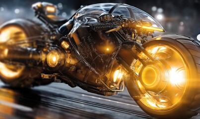 Motocicleta futurista con iluminación ámbar