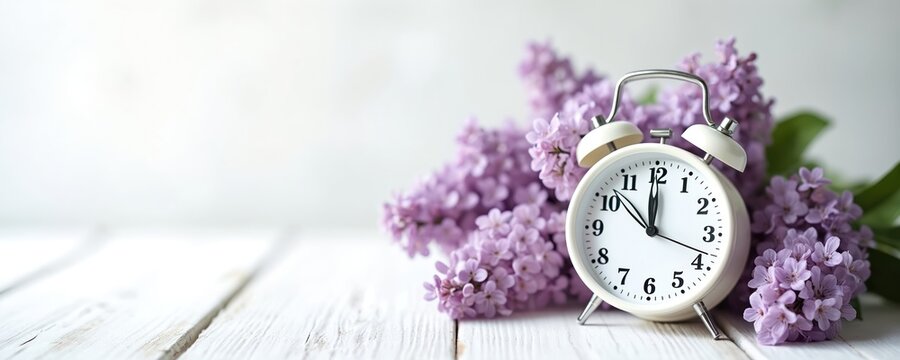 White alarm clock with blooming lilac flowers on wooden table. Springtime daylight saving time concept. Floral background, copy space banner. Ideal for social media, blogs, posters.