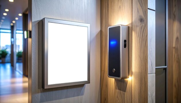 White square frame & reader on wood wall, hallway beyond