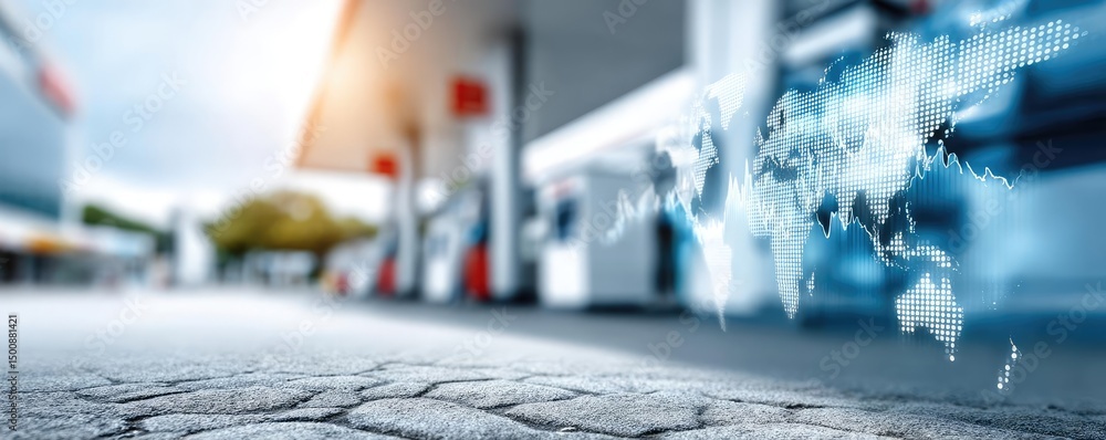 Poster gas station inflation affect global fossil supply and refinery forecast concept. dynamic view of a t
