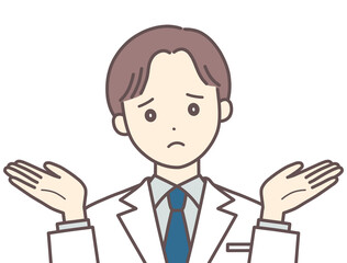 両手を広げて困った表情の白衣の男性のイラスト（肌の色あり）