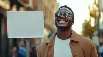 Urban Stroll: A confident individual exudes joy as they navigate a bustling street, embracing the vibrant city atmosphere and bright sunlight.