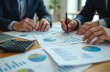 Business team analyze financial charts data in meeting. Colleagues review company budget plan. Business people discuss financial data with pen. Teamwork corporate meeting concept.