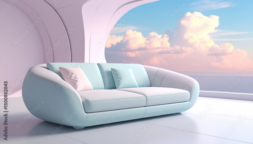 Poster a light blue sofa sits in a modern room with a view of clouds outside.