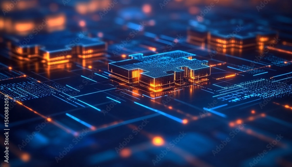 Poster digital puzzle piece. futuristic circuit board with glowing data streams. blockchain technology.