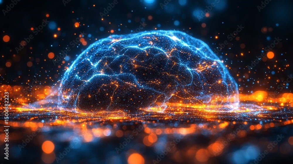 Aufkleber glowing brain image with a network of bright, interconnected points, floating above an undulating su